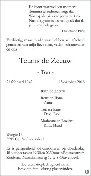 Inficere Skælde ud En god ven Teunis (Ton) de Zeeuw | Mensenlinq.nl - de Weekkrant | Overlijden, nieuws,  condoleances en familieberichten