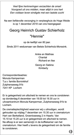 advertentie van Georg Heinrich Gustav (Hennie) Schierholz
