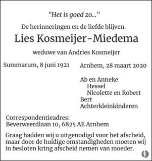 Voorzieningen snor fossiel Lies Kosmeijer-Miedema | Mensenlinq.nl - de Weekkrant | Overlijden, nieuws,  condoleances en familieberichten