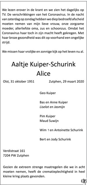 Aaltje Alice Kuiper Schurink Mensenlinq Nl De Weekkrant Overlijden Nieuws Condoleances En Familieberichten