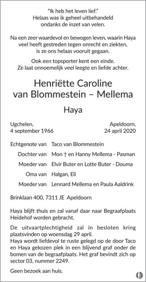 overlijdensbericht van Henriëtte Caroline (Haya) van Blommestein - Mellema