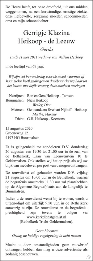 audit paar Londen Gerrigje Klazina (Gerda) Heikoop-de Leeuw | Mensenlinq.nl - de Weekkrant |  Overlijden, nieuws, condoleances en familieberichten