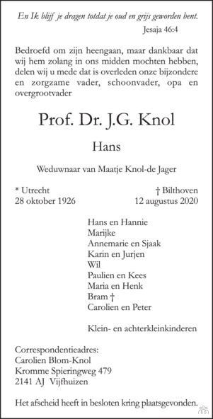Prof Dr J G Hans Knol Mensenlinq Nl De Weekkrant Overlijden Nieuws Condoleances En Familieberichten