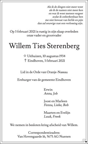 Willem Ties Sterenberg Mensenlinq Nl De Weekkrant Overlijden Nieuws Condoleances En Familieberichten