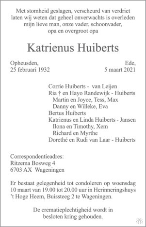 Katrienus Huiberts De Limburger Overlijden Nieuws Condoleances En Familieberichten