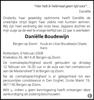 overlijdensbericht van Daniëlle Boudewijn
