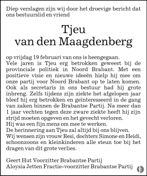 overlijdensbericht van Tjeu van den Maagdenberg