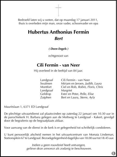 advertentie van Hubertus Anthonius (Bert) Fermin