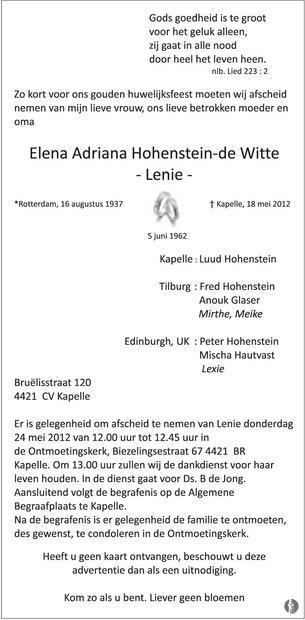 overlijdensbericht van Elena Adriana (Lenie) Hohenstein - de Witte
