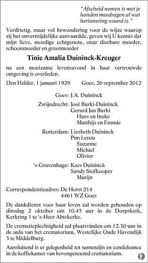 overlijdensbericht van Tinie Amalia Duininck - Kreuger