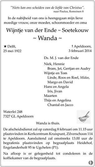 overlijdensbericht van Wijntje (Wanda) van der Ende - Soetekouw