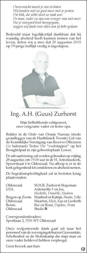 overlijdensbericht van Ing. A.H. (Guus) Zurhorst