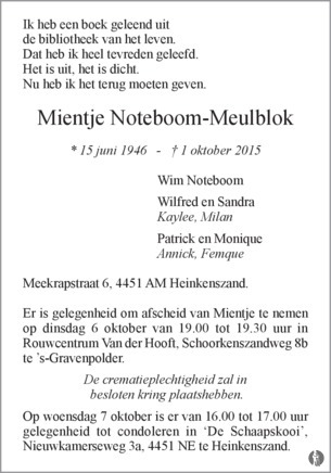 overlijdensbericht van Mientje Noteboom - Meulblok