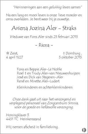 overlijdensbericht van Ariena Jozina (Riena) Aler - Straks