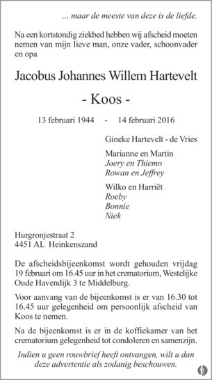 overlijdensbericht van Jacobus Johannes Willem (Koos) Hartevelt