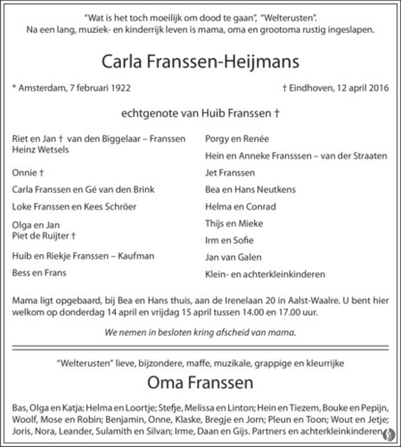 overlijdensbericht van Carla Franssen - Heijmans
