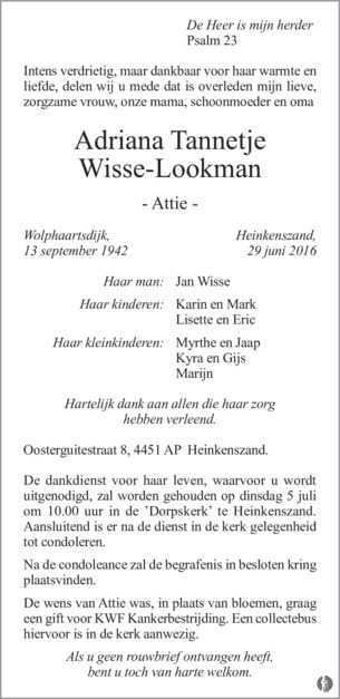 overlijdensbericht van Adriana Tannetje (Attie) Wisse - Lookman