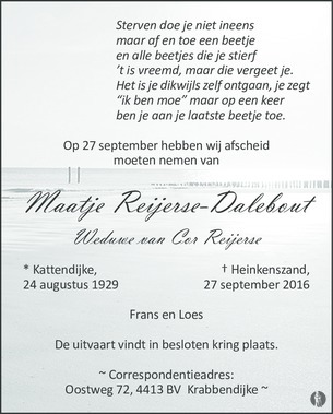 overlijdensbericht van Maatje Reijerse - Dalebout