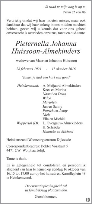 overlijdensbericht van Pieternella Johanna Huissoon - Almekinders