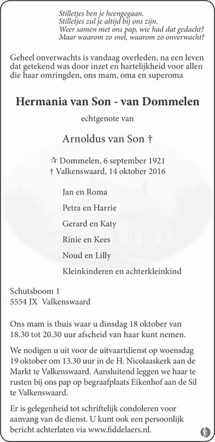 Hermania Van Son Van Dommelen De Limburger Overlijden