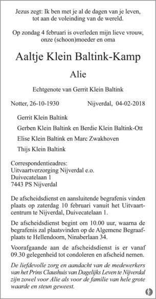 Geplooid beheerder zeewier Aaltje (Alie) Klein Baltink - Kamp | Mensenlinq.nl - de Weekkrant |  Overlijden, nieuws, condoleances en familieberichten