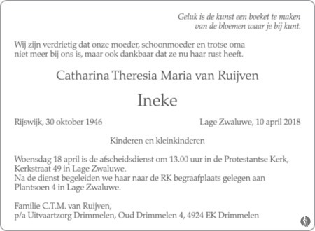 Catharina Theresia Maria Ineke Van Ruijven Mensenlinq Nl De Weekkrant Overlijden Nieuws Condoleances En Familieberichten