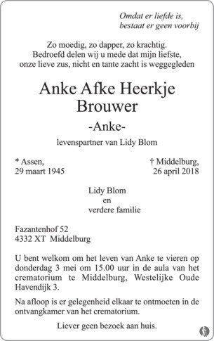 Anke Afke (Anke) Brouwer | De Limburger | Overlijden, nieuws, condoleances en