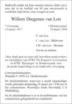 overlijdensbericht van Willem Dingenus van Loo
